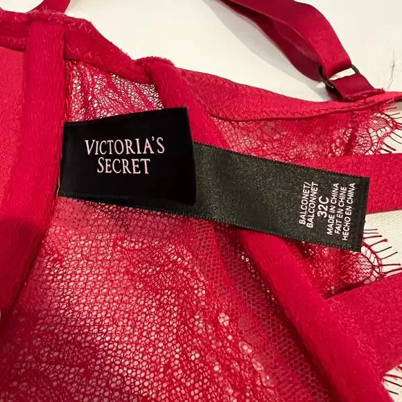 Victoria’s Secret Balconette Bra 32C Strappy Red Lace Long Line Corset Push Up - Picture 3 of 11